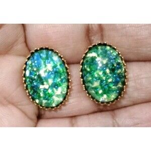 Lilli Dokken Green Opal Glass Cabochon Gold Tone Post Stud Earrings